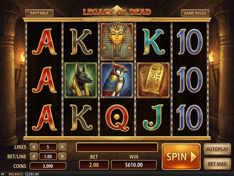 legacy of dead slot interface breakdown showing reels and spin controls