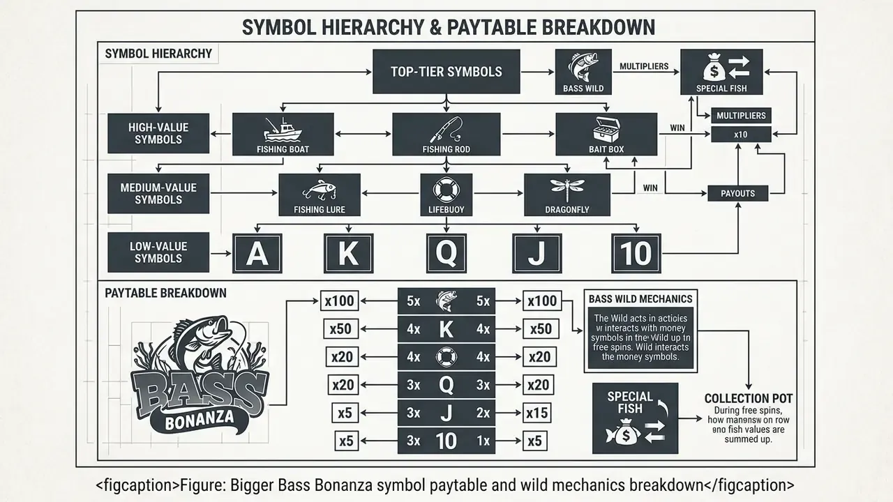 Bigger Bass Bonanza symbol paytable and wild mechanics breakdown
