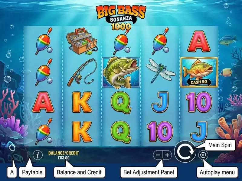 Big Bass Bonanza 1000 slot interface layout and controls display.