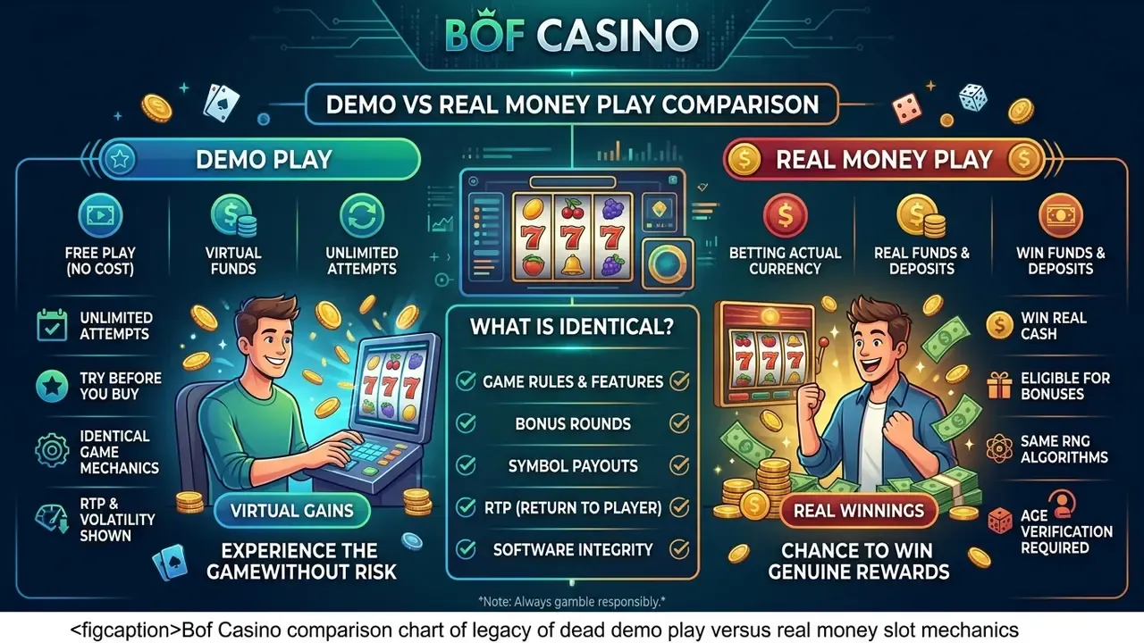 comparison chart of legacy of dead demo play versus real money slot mechanics